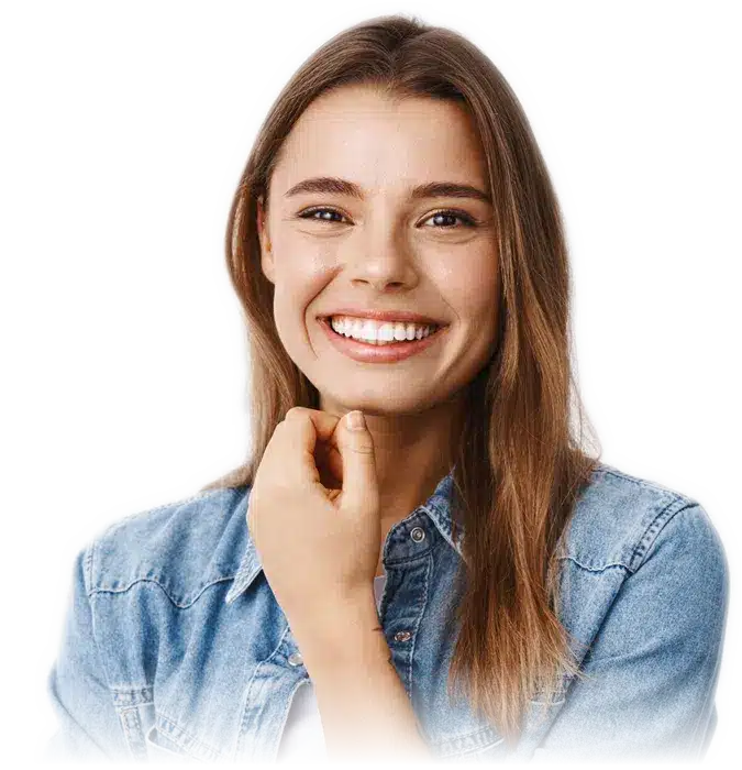 Smiling woman in denim shirt, white background
